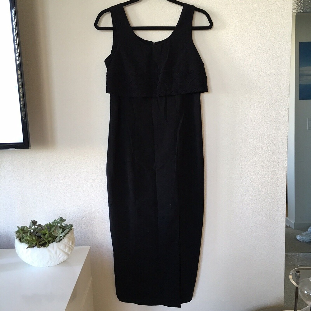 Up Front Black Dress Scoop Neck Tie‎ Back Pencil Sleeveless EUC Size Slit Small
